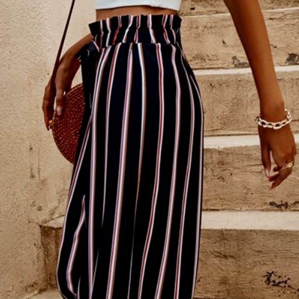 Dynamite pink and dark blue paper bag waist wide leg pants  size L for women
